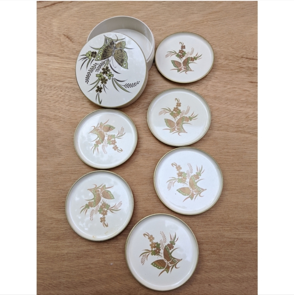 Vintage 6 butterfly melamine coasters with cream case Japan